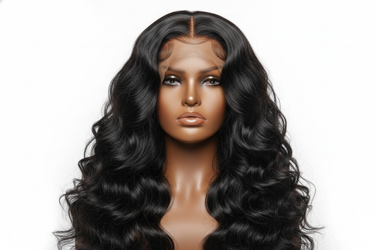 body wave wig on a brown maniqcan
