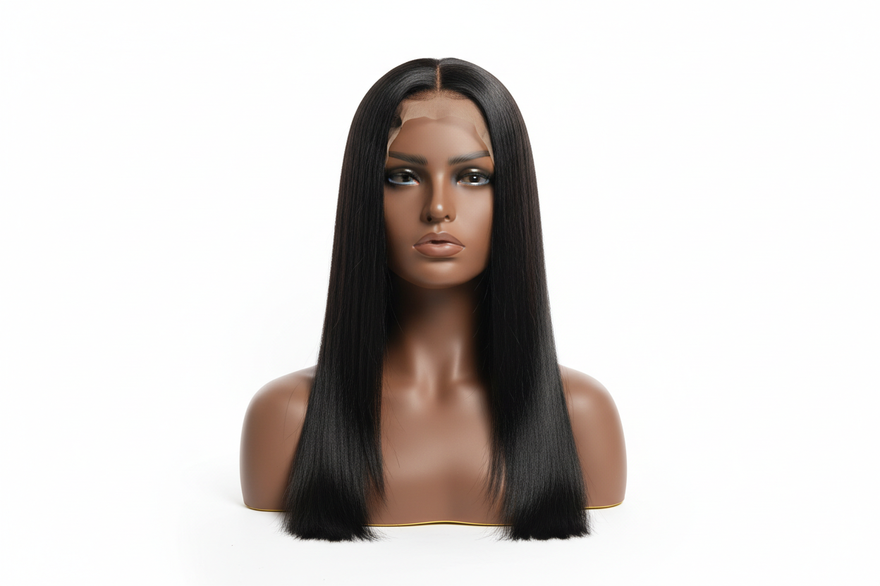 straight black wig on a brown maniqcan head
